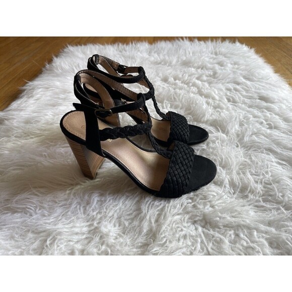 Brash Size 6 Black Braided Sandals Shoes Block High Heel Strappy - Picture 2 of 12